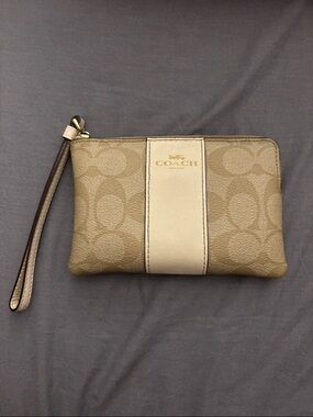 Coach Khaki and Tan Signature Stripe Wristlet
